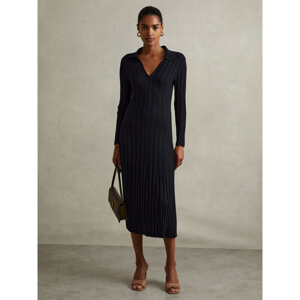 REISS WINNIE Knitted Open Collar Midi Dress